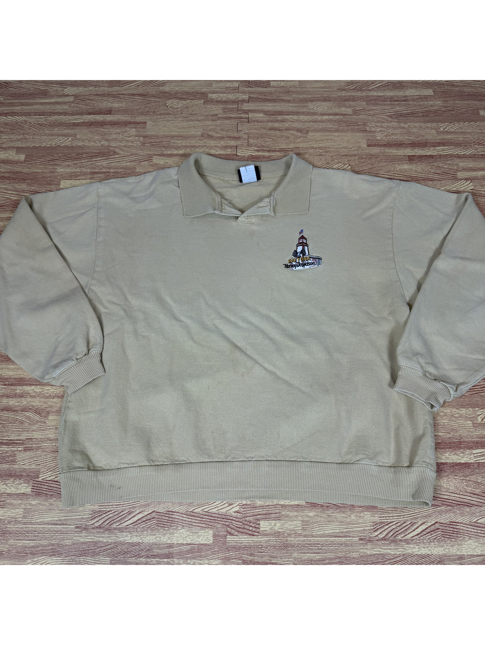 Vintage 90s Harley Davidson Daytona Lighthouse Collared Sweatshirt Mens M Tan